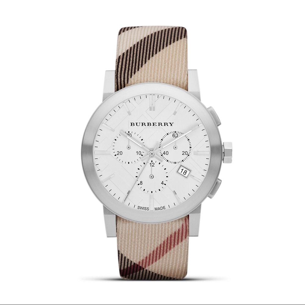 Burberry Beige and Brown Check Chronograph Watch